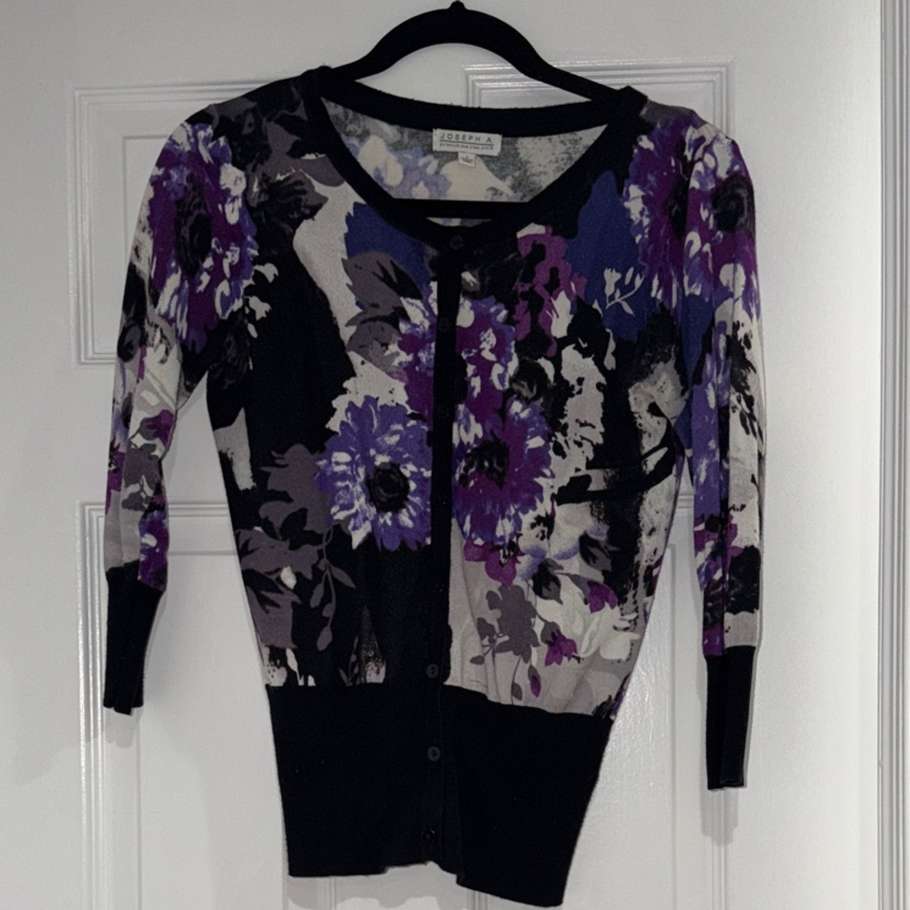 Size S Joseph A. Black and Purple Floral Cardigan